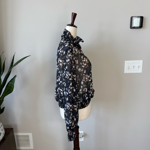 Zara Basics Sheer Floral Ruffle Neck Blouse - Smock Waist and Cuffs - Picture 8 of 9